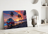 Retro Camper Van Beach Sunset Glass Wall Art
