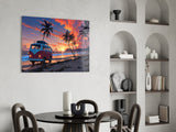 Retro Camper Van Beach Sunset Glass Wall Art