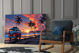 Retro Camper Van Beach Sunset Glass Wall Art