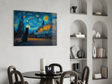 Starry Night Camper Van and Cat Glass Wall Art