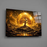 Golden Tree of Life Sun Disc Glass Wall Art