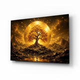 Tableau en verre Golden Tree of Life Sun Disc - 72x46 cm