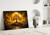 Golden Tree of Life Sun Disc Glass Wall Art