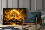Golden Tree of Life Sun Disc Glass Wall Art