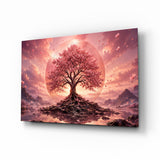 Pink Cherry Blossom Tree Sunset Glass Wall Art