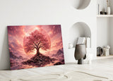 Pink Cherry Blossom Tree Sunset Glass Wall Art