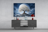 White Blossom Tree Full Moon Glass Wall Art