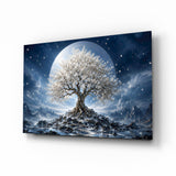 White Blossom Tree Full Moon Glass Wall Art