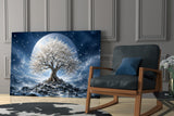 White Blossom Tree Full Moon Glass Wall Art