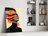 Orange Hair Veil Blue Portrait Glass Wall Art