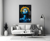 Blue Woman with Sunflower Crown Glass Wall Art