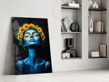 Blue Woman with Sunflower Crown Glass Wall Art