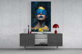 Blue Blindfold Dripping Portrait Glass Wall Art