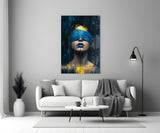 Blue Blindfold Dripping Portrait Glass Wall Art