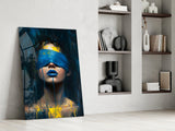 Blue Blindfold Dripping Portrait Glass Wall Art