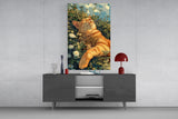 Ginger Cat Lounging in Wildflowers Glass Wall Art