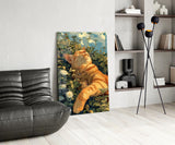 Ginger Cat Lounging in Wildflowers Glass Wall Art