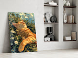 Ginger Cat Lounging in Wildflowers Glass Wall Art