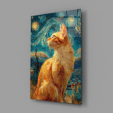 Swirling Starry Night Ginger Cat Glass Wall Art