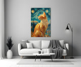 Swirling Starry Night Ginger Cat Glass Wall Art