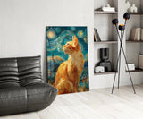 Swirling Starry Night Ginger Cat Glass Wall Art