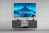 Moonlit Mountain Lake Dock Glass Wall Art