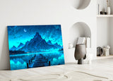 Moonlit Mountain Lake Dock Glass Wall Art