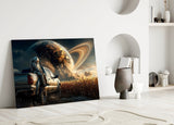 Astronaut and Ringed Planet Cornfield Glass Wall Art