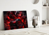Black Sports Sedan and Red Demon Dragon Glass Wall Art