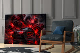 Black Sports Sedan and Red Demon Dragon Glass Wall Art