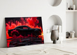 Crimson Smoke Black Muscle Car Glass Wall Art