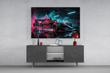Red Racer Cyan Light Streaks Glass Wall Art