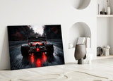 Rainy Track Red Glow Race Car Glass Wall Art