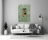 Reader on Windowsill Sage Green Glass Wall Art