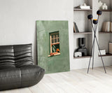 Reader on Windowsill Sage Green Glass Wall Art