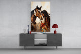 Bay Pinto Horse and Native Woman Glass Wall Art