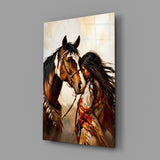Bay Pinto Horse and Native Woman Glass Wall Art