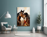Bay Pinto Horse and Native Woman Glass Wall Art