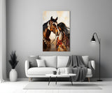 Bay Pinto Horse and Native Woman Glass Wall Art