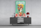 Floral Crown Woman Teal Portrait Glass Wall Art