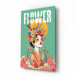 Floral Crown Woman Teal Portrait Glass Wall Art