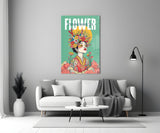 Floral Crown Woman Teal Portrait Glass Wall Art