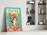 Floral Crown Woman Teal Portrait Glass Wall Art