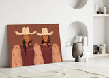 Two Cowgirls in Maroon Western Glass Wall Art