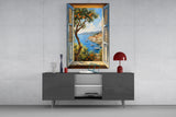 Coastal Village Window View Glass Wall Art