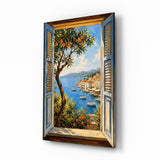 Coastal Village Window View Glass Wall Art - 72x46 cm