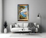 Coastal Village Window View Glass Wall Art