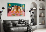 Two Tigers Eating Pizza in Bed Glass Wall Art