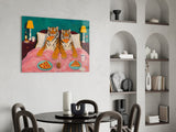Two Tigers Eating Pizza in Bed Glass Wall Art