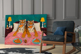 Two Tigers Eating Pizza in Bed Glass Wall Art